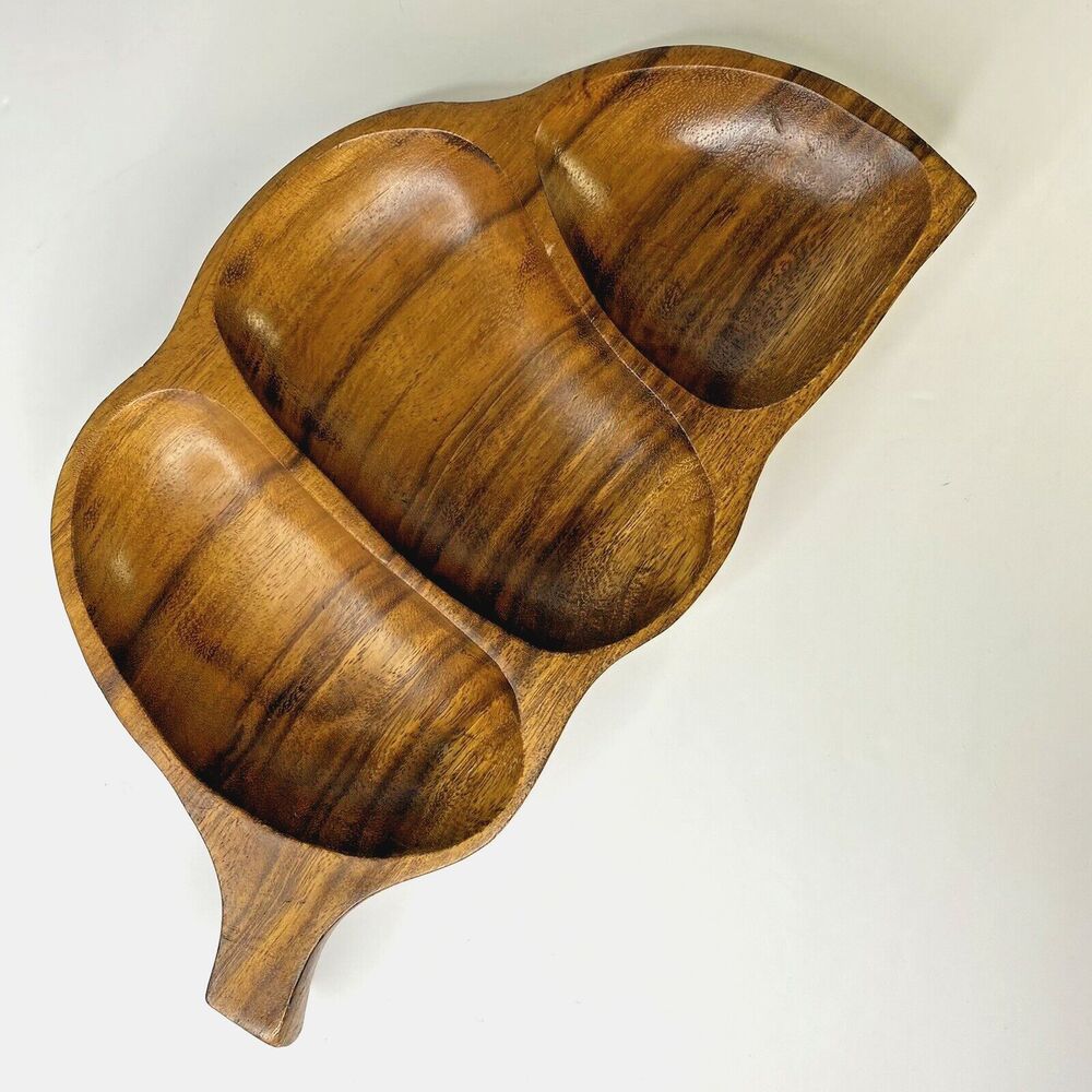 Vtg Wooden Divided Leaf Serving‎ Trinket Dish Dolphin Monkey Pod Decor Tray Boho